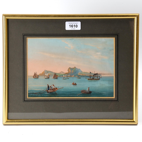 1610 - Neapolitan School, gouache painting, shipping in the Bay of Naples, unsigned, 15cm x 21cm, framed