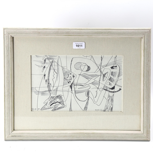 1611 - DERRICK SAYER (1917 - 1992), abstract pen drawing, dated 1982, 28cm x 29cm