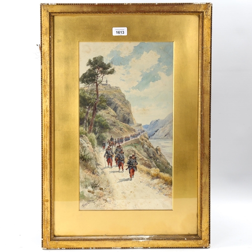 1613 - Pierre Comba, watercolour, French Infantry troops in the mountains, signed, 45cm x 25cm, framed