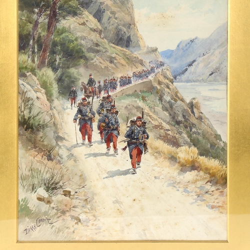 1613 - Pierre Comba, watercolour, French Infantry troops in the mountains, signed, 45cm x 25cm, framed