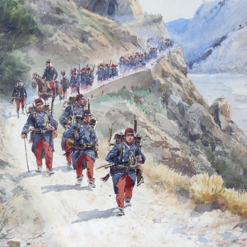 1613 - Pierre Comba, watercolour, French Infantry troops in the mountains, signed, 45cm x 25cm, framed