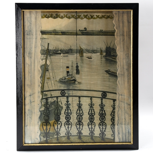 1618 - C R W Nevinson, colour print, Greenwich Reach, image 50cm x 40cm, framed