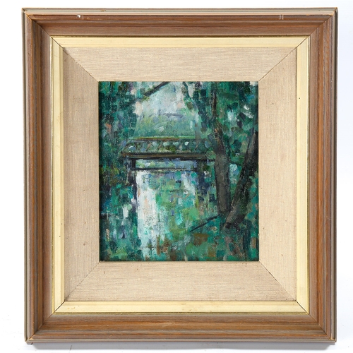 1619 - John Denahy, oil on board, the little bridge at Tarnpark, Mottingham, 21cm x 19cm, framed