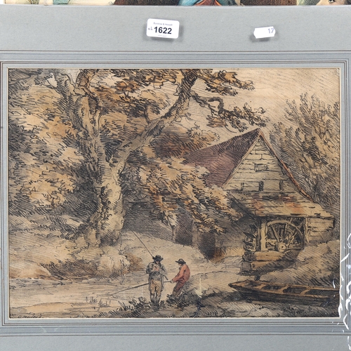 1622 - 19th century watercolour, fishermen by a mill, unsigned, 30cm x 40cm, and an advertising poster for ... 