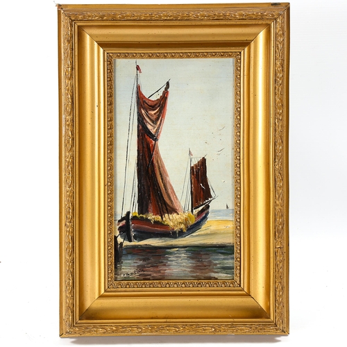 1630 - C Burgess, oil on board, hay barge, signed, 28cm x 14cm, framed