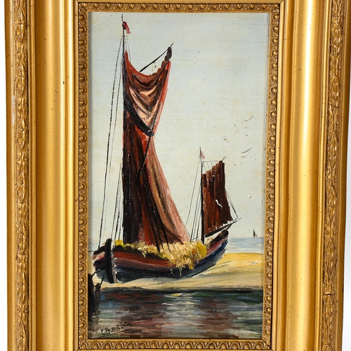 1630 - C Burgess, oil on board, hay barge, signed, 28cm x 14cm, framed