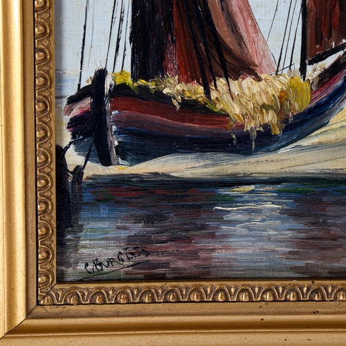 1630 - C Burgess, oil on board, hay barge, signed, 28cm x 14cm, framed