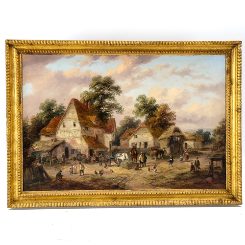 1631 - 19th century oil on canvas, busy village scene, unsigned, 35cm x 52cm, framed