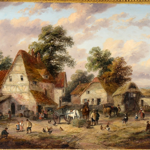 1631 - 19th century oil on canvas, busy village scene, unsigned, 35cm x 52cm, framed