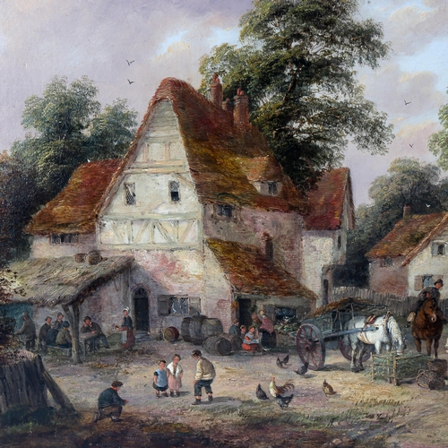 1631 - 19th century oil on canvas, busy village scene, unsigned, 35cm x 52cm, framed