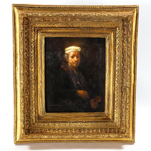 1632 - R Wilson, contemporary oil on panel, portrait of Rembrandt, signed, 24cm x 20cm, framed