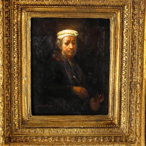 1632 - R Wilson, contemporary oil on panel, portrait of Rembrandt, signed, 24cm x 20cm, framed