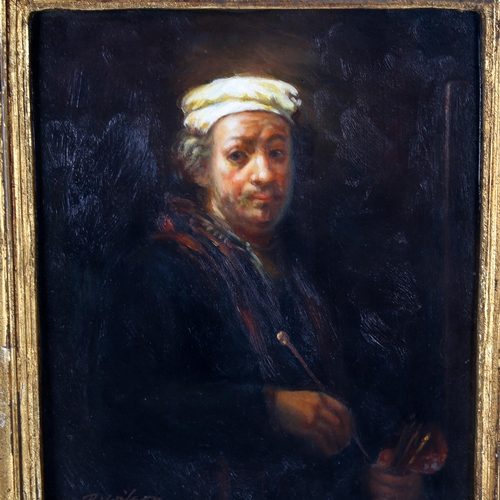 1632 - R Wilson, contemporary oil on panel, portrait of Rembrandt, signed, 24cm x 20cm, framed