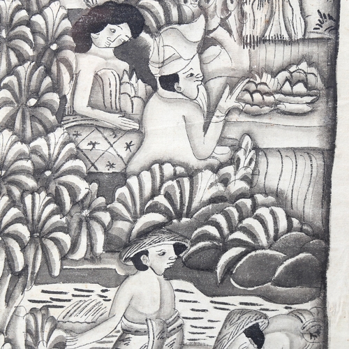 1633 - Balinese School, watercolour on linen, monochrome village scene, image 70cm x 17cm, framed