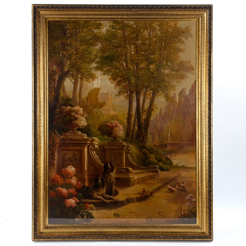 1634 - George Baret, oil on canvas, hounds on a Classical stone terrace, signed, 73cm x 54cm, framed