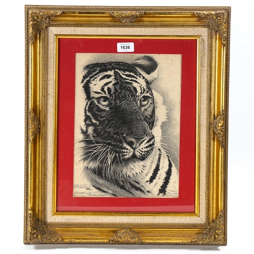 1636 - Trajan St Ines (1902 - 1995), pen and ink drawing, tiger, signed and inscribed, 33cm x 24cm, framed