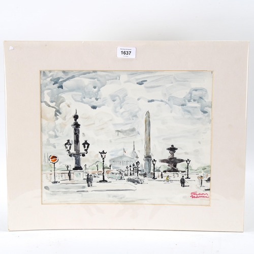 1637 - Jean Facon Marrec (1903 - 1994), watercolour, Place De La Concorde Paris, signed, 28cm x 35cm, mount... 