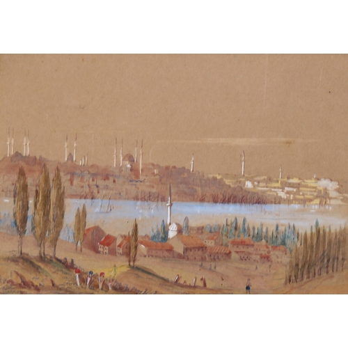 1646 - 19th century watercolour, view of Constantinople, 14cm x 19cm, framed