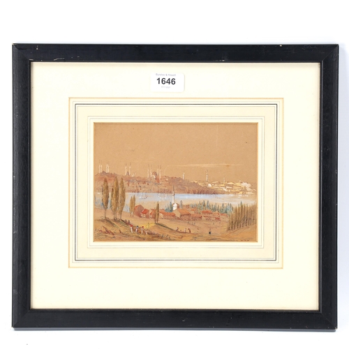 1646 - 19th century watercolour, view of Constantinople, 14cm x 19cm, framed