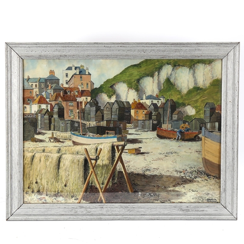 1657 - Harry H Johnson, watercolour, Hastings net huts, signed and dated 1951, 43cm x 58cm, framed