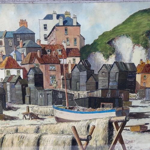 1657 - Harry H Johnson, watercolour, Hastings net huts, signed and dated 1951, 43cm x 58cm, framed