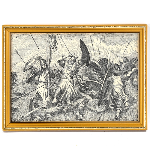 1660 - Ernest Speller, pen and ink, The Battle of Hastings, signed with initials, 1971 Art Exhibition label... 