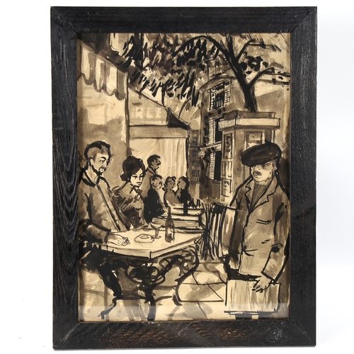 1661 - Monochrome ink and wash, street cafe, unsigned, 35cm x 26cm, framed