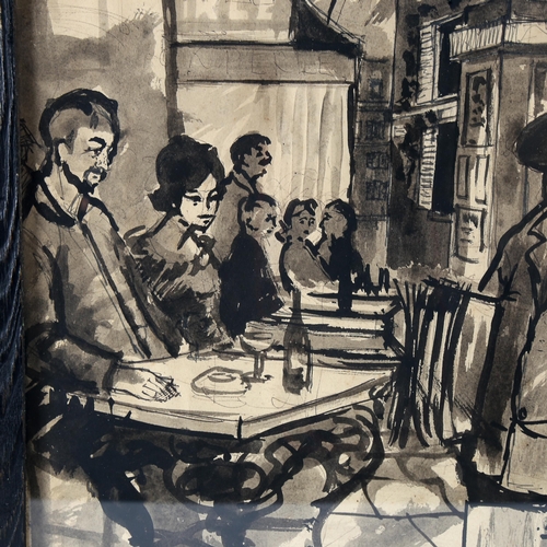 1661 - Monochrome ink and wash, street cafe, unsigned, 35cm x 26cm, framed