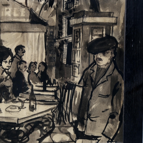 1661 - Monochrome ink and wash, street cafe, unsigned, 35cm x 26cm, framed