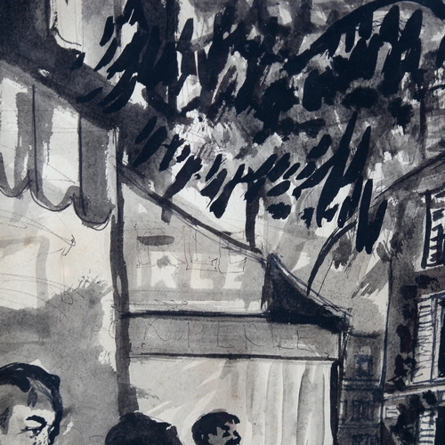 1661 - Monochrome ink and wash, street cafe, unsigned, 35cm x 26cm, framed