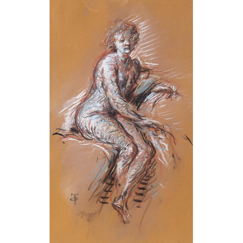 1664 - T O'Donnell, pastel/chalk on brown paper, nude study, signed with monogram, 46cm x 28cm, framed