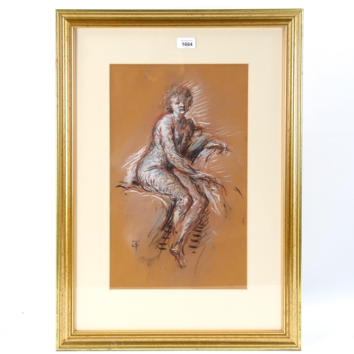 1664 - T O'Donnell, pastel/chalk on brown paper, nude study, signed with monogram, 46cm x 28cm, framed