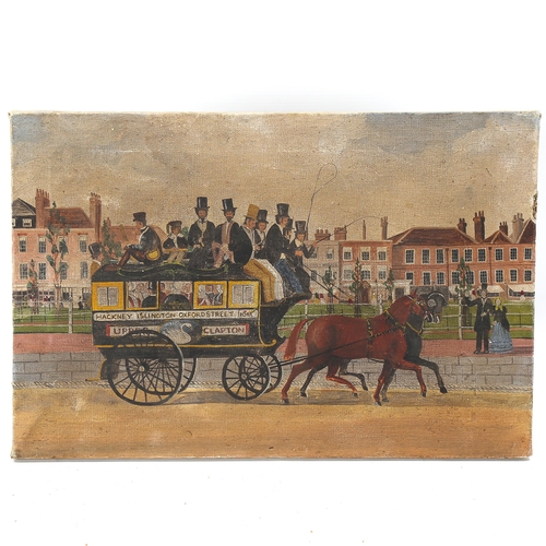 1666 - Mid-20th century oil on canvas, London omnibus, unsigned, 28cm x 42cm, unframed