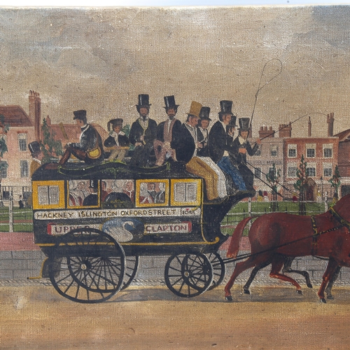 1666 - Mid-20th century oil on canvas, London omnibus, unsigned, 28cm x 42cm, unframed