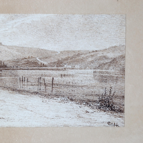 1668 - Clifford Harrison, detailed pen and ink drawing, cyclist on a riverside road, signed with monogram, ... 