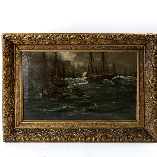 1669 - Circle of Hendrick Mesdag (1831 - 1915), oil on canvas, fishing fleet by moonlight, 35cm x 59cm, fra... 