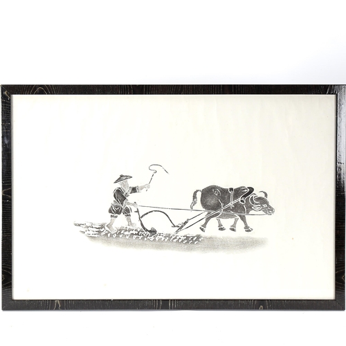 1672 - Chinese print rubbing, farmer with ox, 42cm x 65cm, and 3 smaller similar coloured rubbings, framed ... 