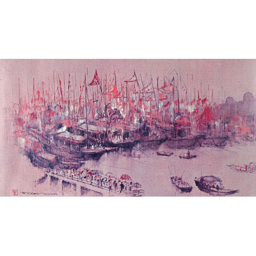 1674 - Fung Sao Fung (1926 - 2012), colour print, Chinese junks, 32cm x 56cm, framed