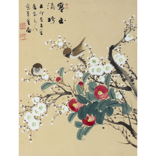 1675 - Korean School, watercolour, birds and blossom, text inscription, 44cm x 34cm, framed with presentati... 