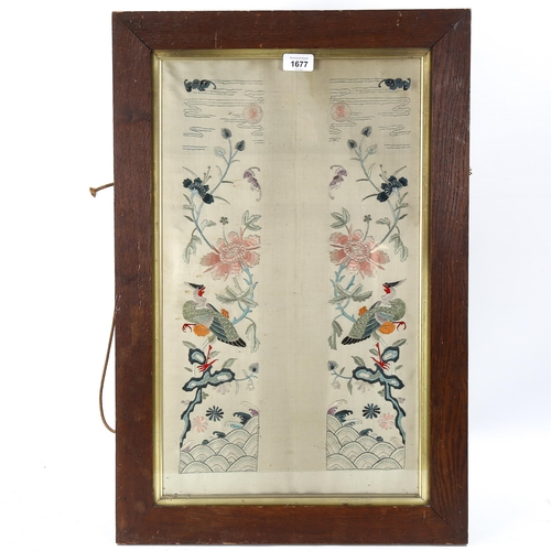 1677 - Chinese early 20th century silk embroidered pictures, exotic birds and flowers, 56cm x 33cm, framed