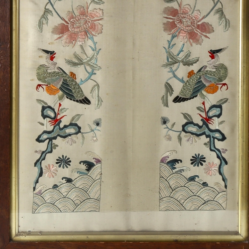 1677 - Chinese early 20th century silk embroidered pictures, exotic birds and flowers, 56cm x 33cm, framed