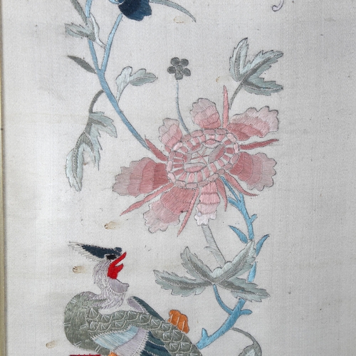 1677 - Chinese early 20th century silk embroidered pictures, exotic birds and flowers, 56cm x 33cm, framed