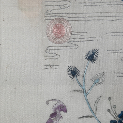 1677 - Chinese early 20th century silk embroidered pictures, exotic birds and flowers, 56cm x 33cm, framed