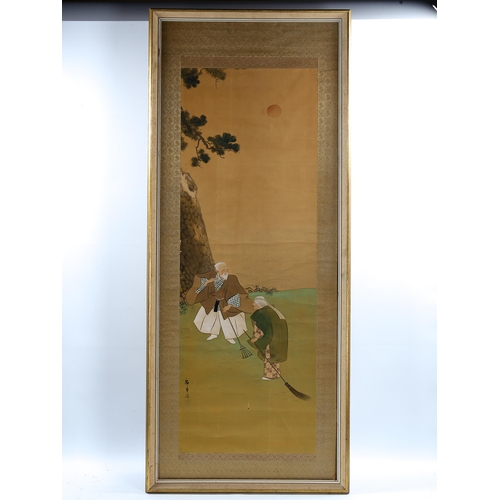 1680 - Chinese School, watercolour on silk scroll, elderly couple sweeping leaves, signed with chop, image ... 