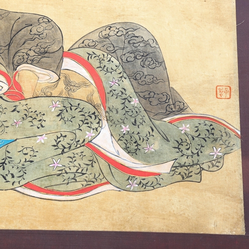 1684 - Chinese School, watercolour, Shunga scene, signed with 2 chops, 28cm x 38cm, unframed