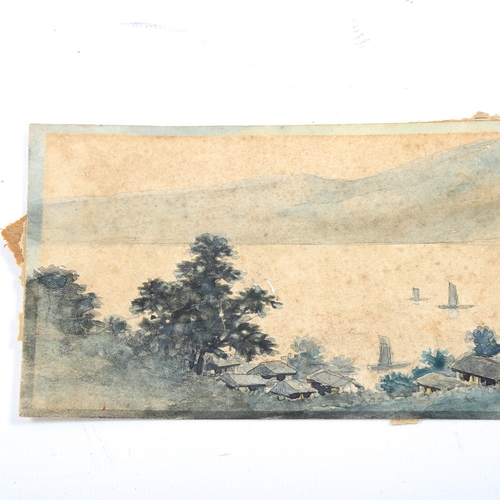 1689 - Chinese School, watercolour, river landscape, early 20th century, signed with chops, 9cm x 27cm, unf... 