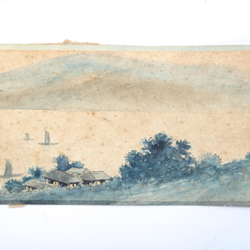 1689 - Chinese School, watercolour, river landscape, early 20th century, signed with chops, 9cm x 27cm, unf... 