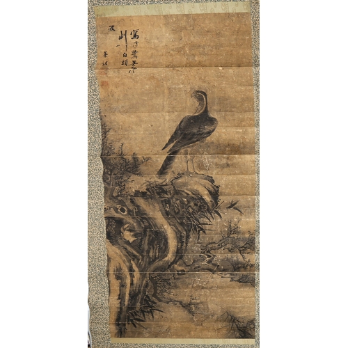 1692 - Chinese School, watercolour, scroll painting, landscape with bird of prey, signed, 104cm x 47cm