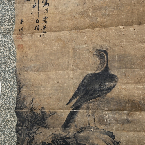 1692 - Chinese School, watercolour, scroll painting, landscape with bird of prey, signed, 104cm x 47cm