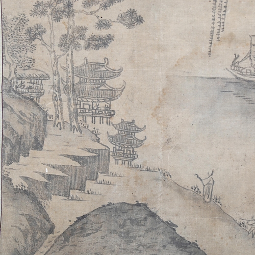 1693 - Chinese School, scroll painting, landscape, signed and titled, 84cm x 29cm